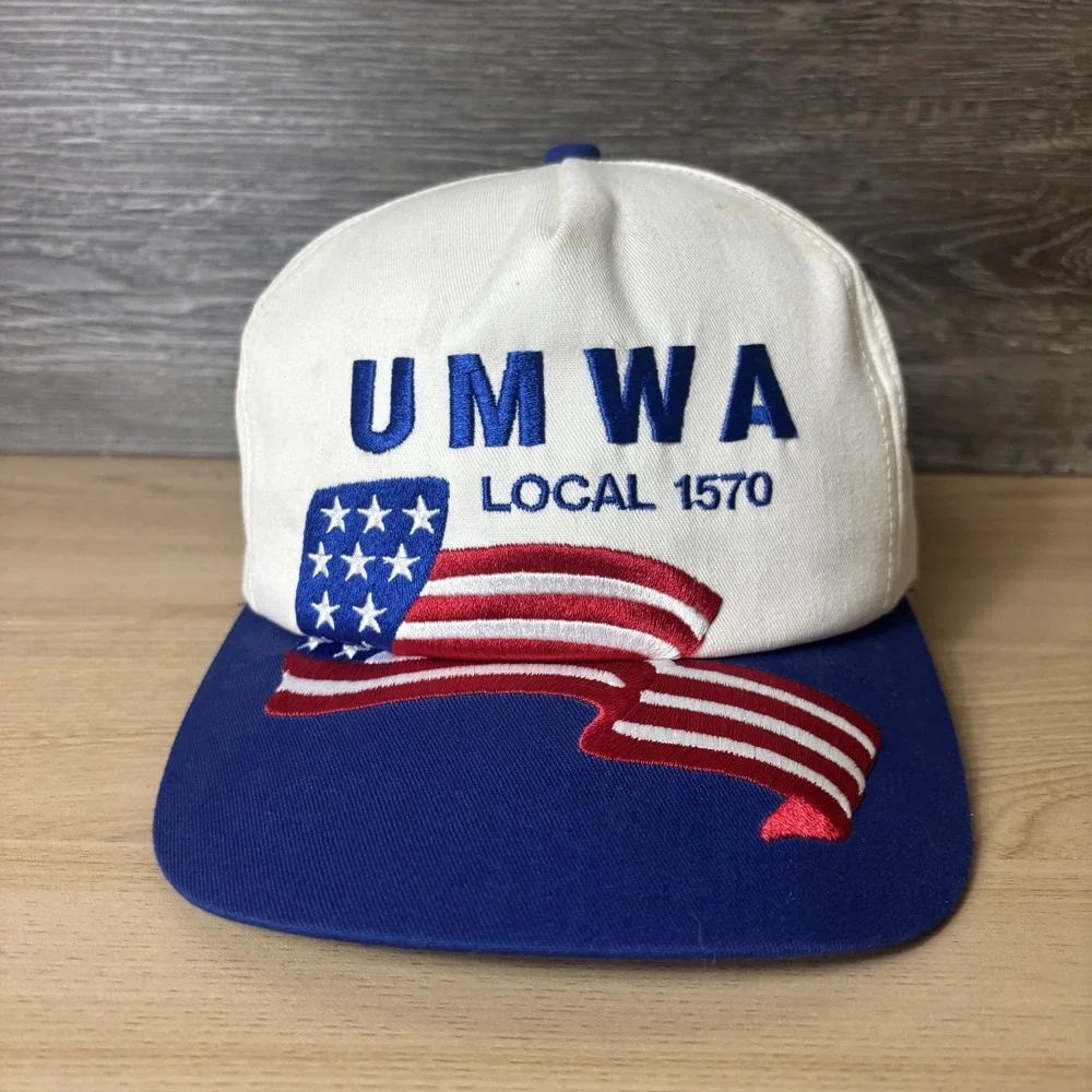 Vintage UMWA Hat Cap Snap Back White Blue Embroidered American Flag Union